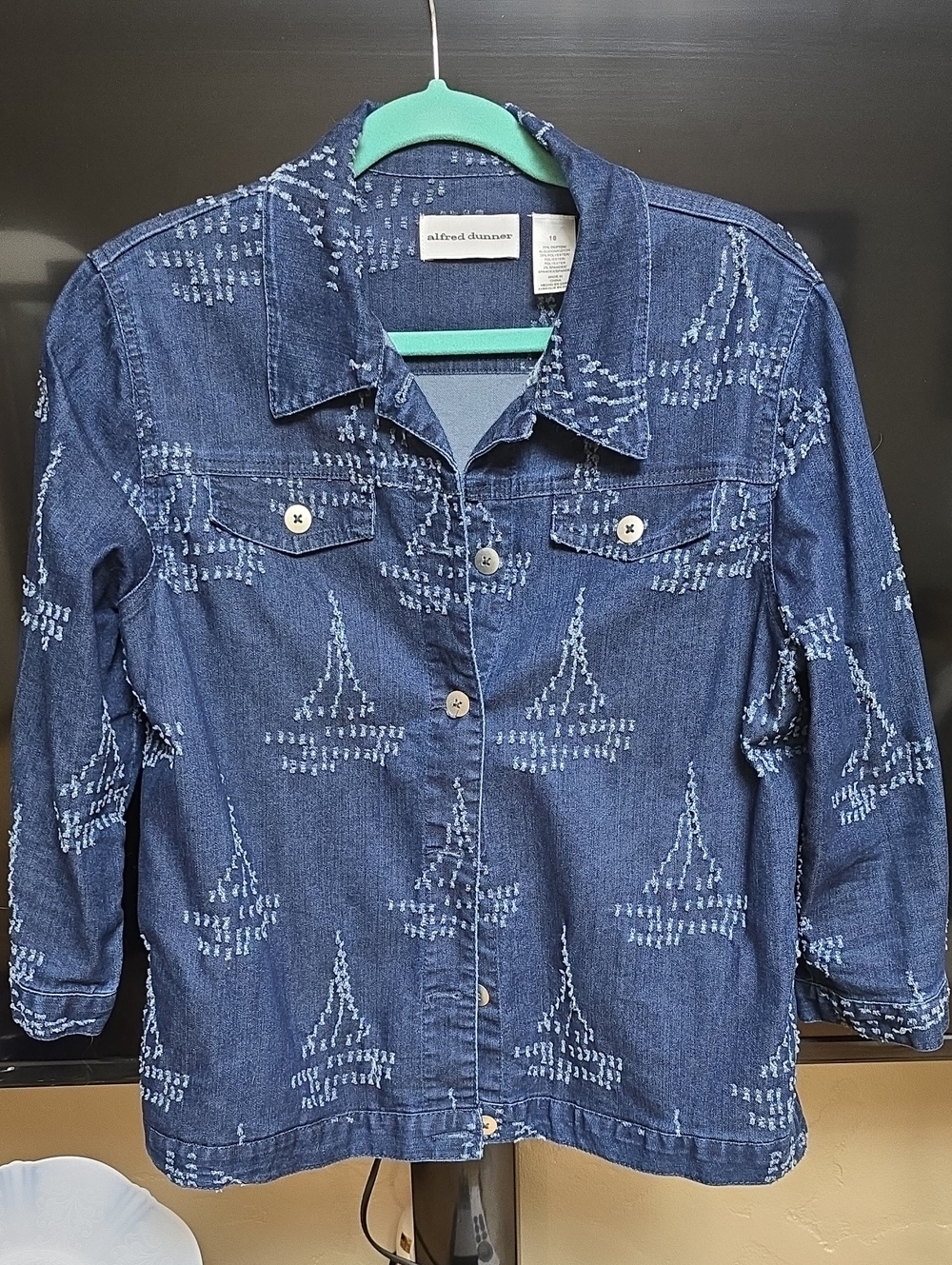 Alfred Dunner Dark Blue Embroidered Denim Button-Down Jacket